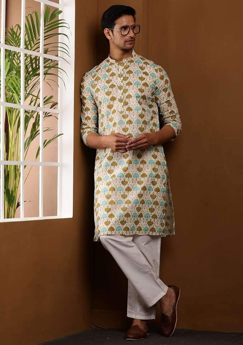 Multi Printed Viscose Kurta Set For Men - Indya