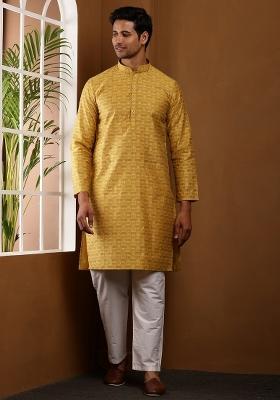 Mustard Printed Viscose Kurta Set For Men