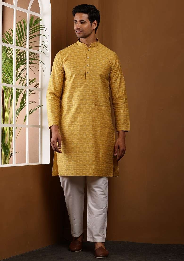 Mustard Printed Viscose Kurta Set For Men - Indya