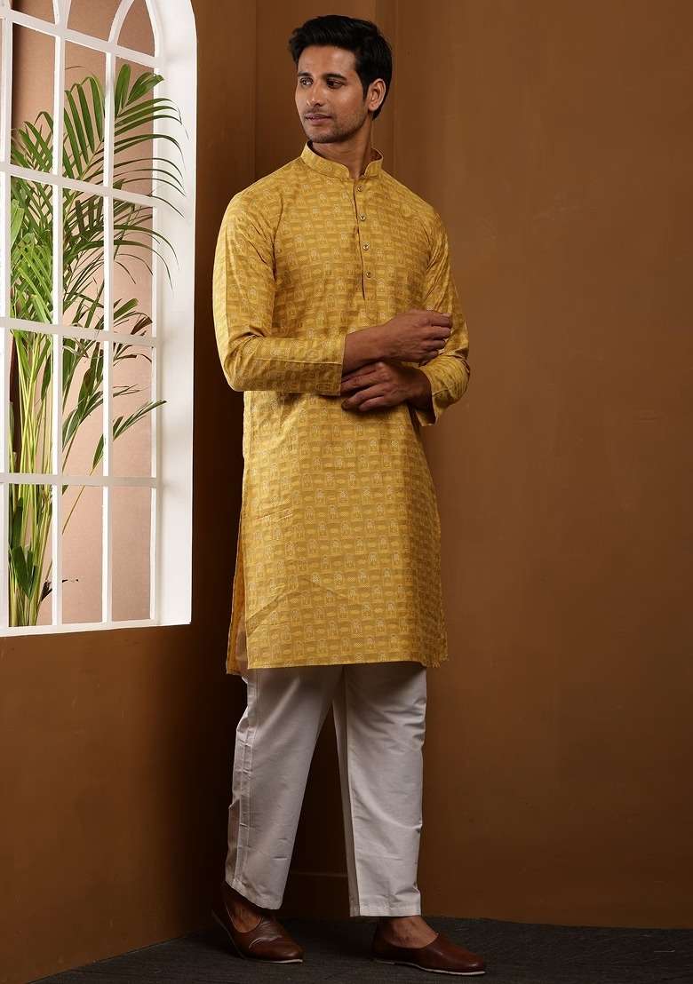 Mustard Printed Viscose Kurta Set For Men - Indya