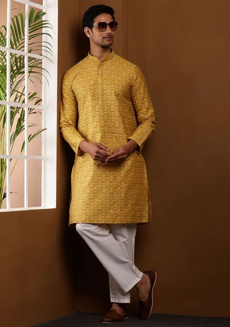 Mustard Printed Viscose Kurta Set For Men - Indya