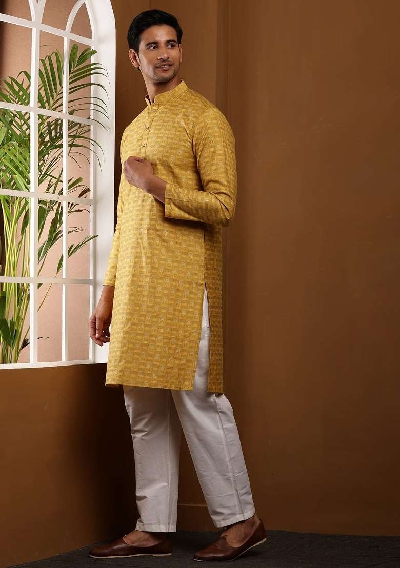 Mustard Printed Viscose Kurta Set For Men - Indya