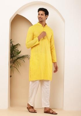 Yellow Printed Cotton Kurta Set For Men