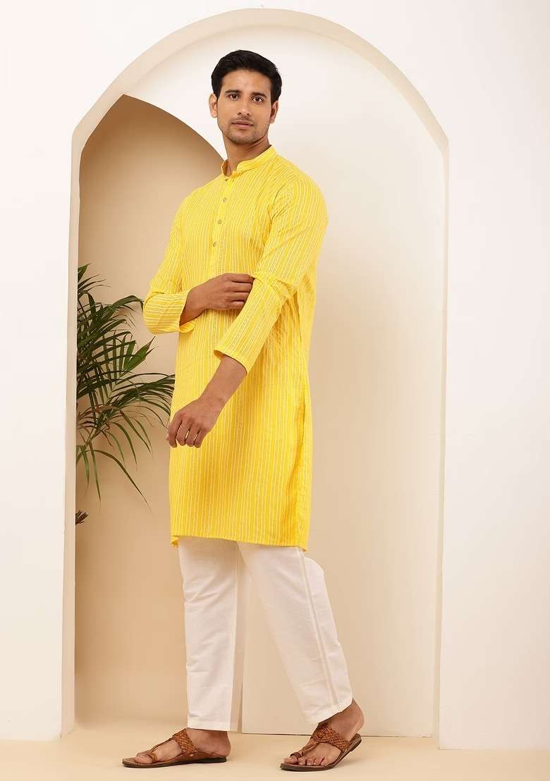 Yellow Printed Cotton Kurta Set For Men - Indya