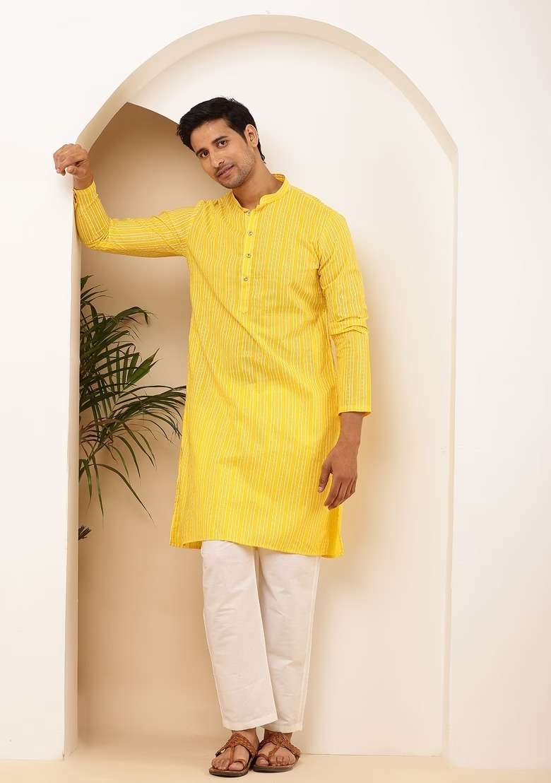 Yellow Printed Cotton Kurta Set For Men - Indya
