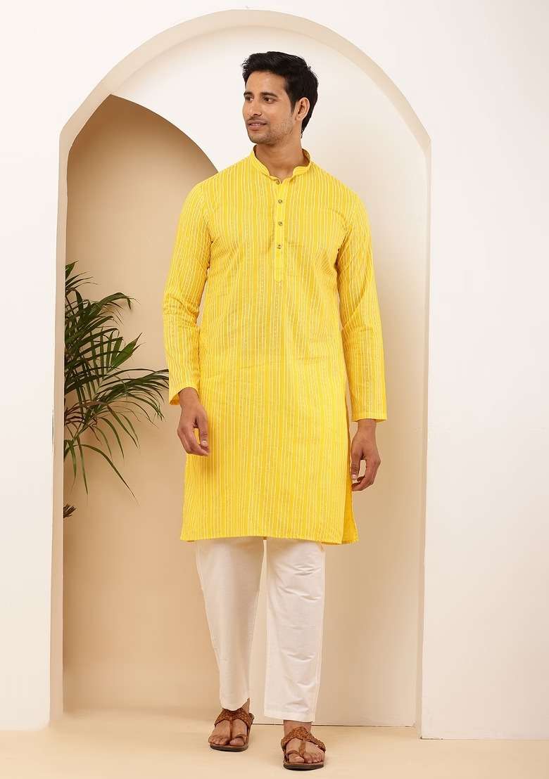 Yellow Printed Cotton Kurta Set For Men - Indya