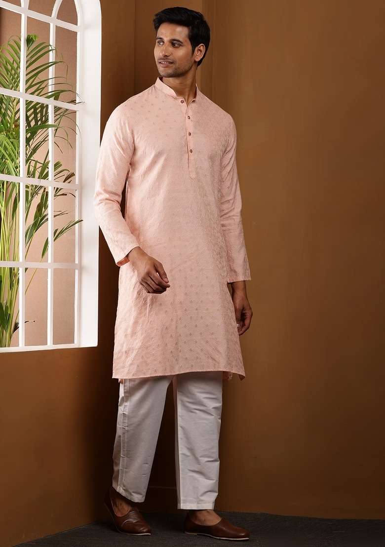 Peach Textured Viscose Kurta Set For Men - Indya