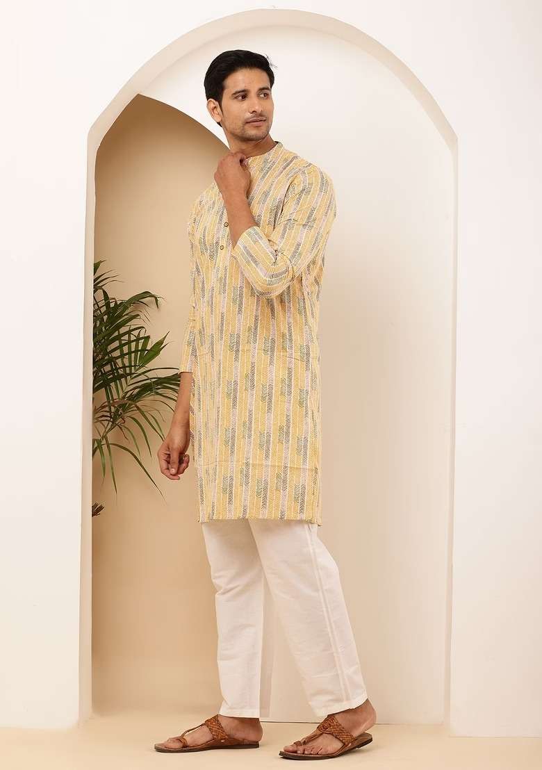 Yellow Printed Cotton Kurta Set For Men - Indya