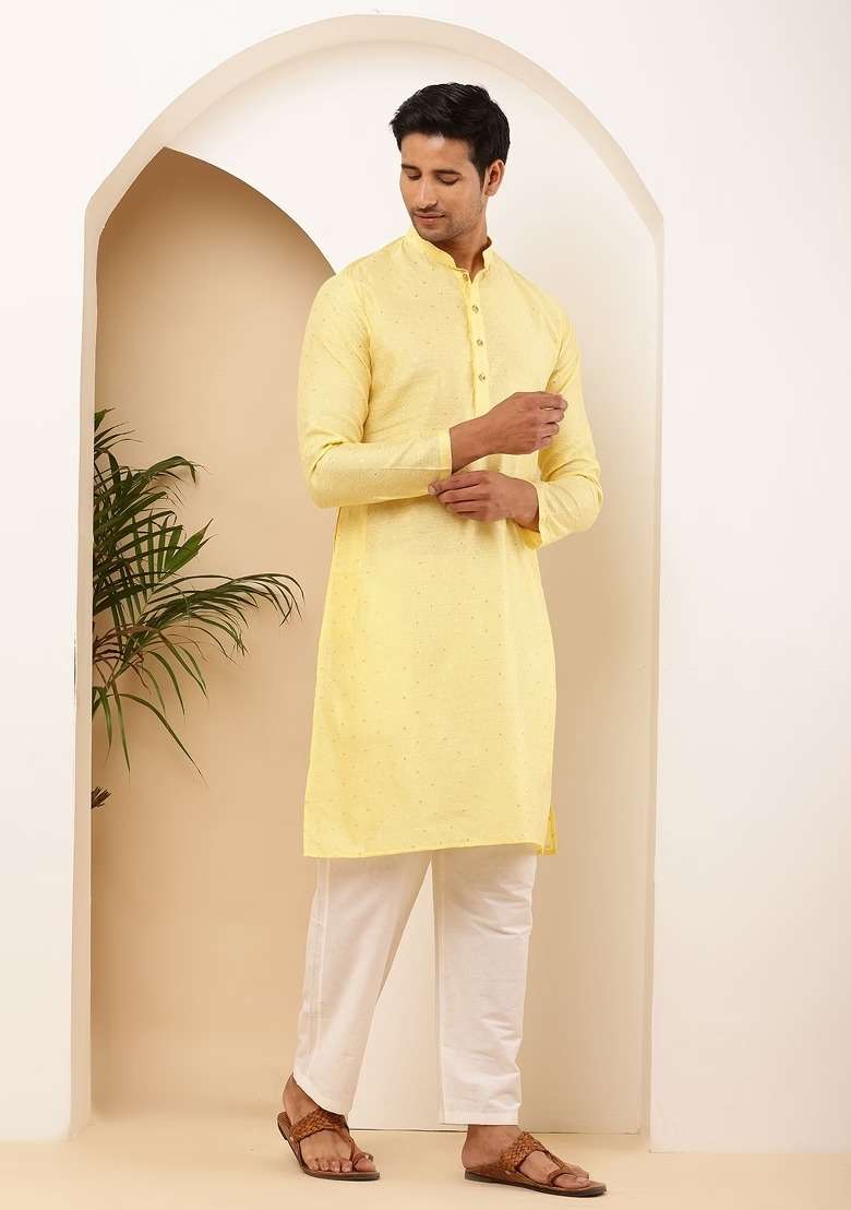 Light Yellow Textured Viscose Kurta Set For Men - Indya