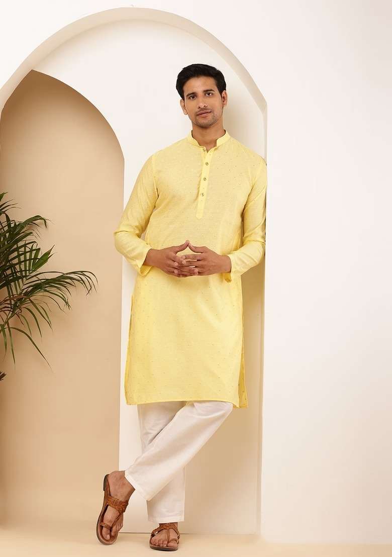 Light Yellow Textured Viscose Kurta Set For Men - Indya