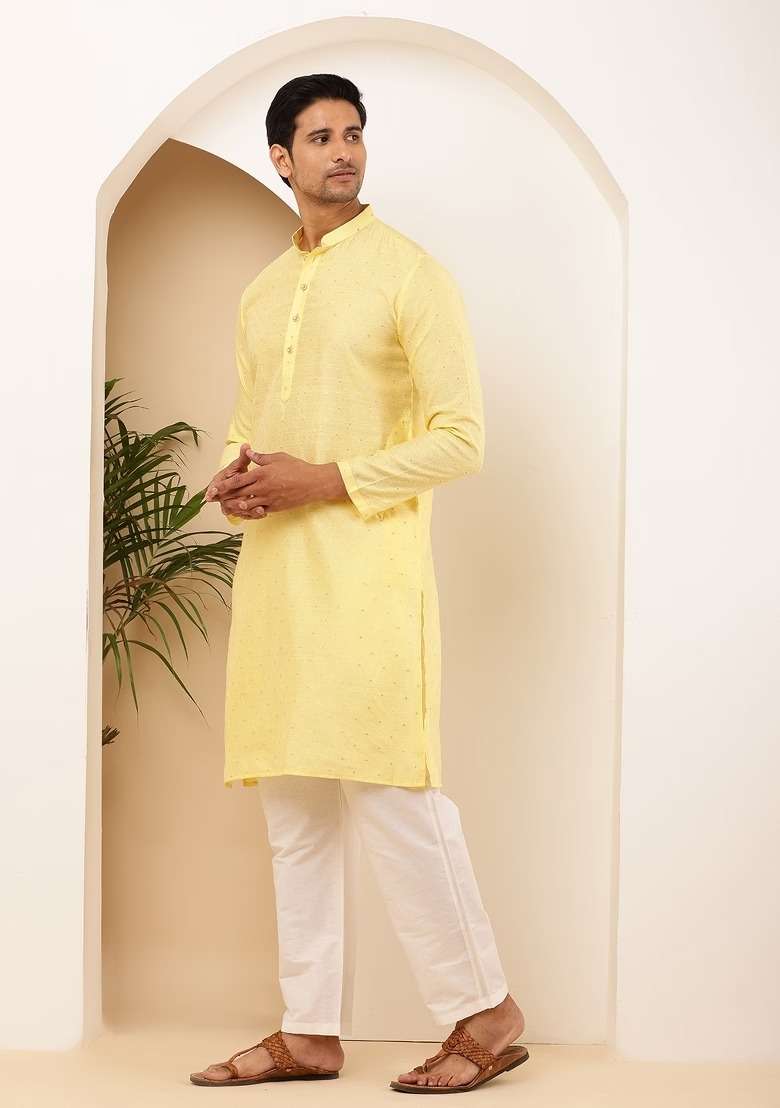 Light Yellow Textured Viscose Kurta Set For Men - Indya
