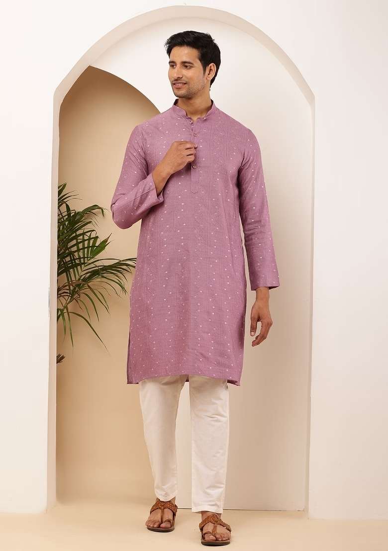 Mauve Textured Viscose Kurta Set For Men - Indya