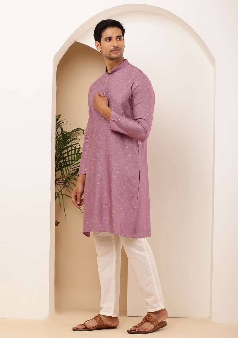 Mauve Textured Viscose Kurta Set For Men - Indya