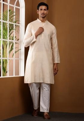 Cream Embroidered Viscose Kurta Set For Men