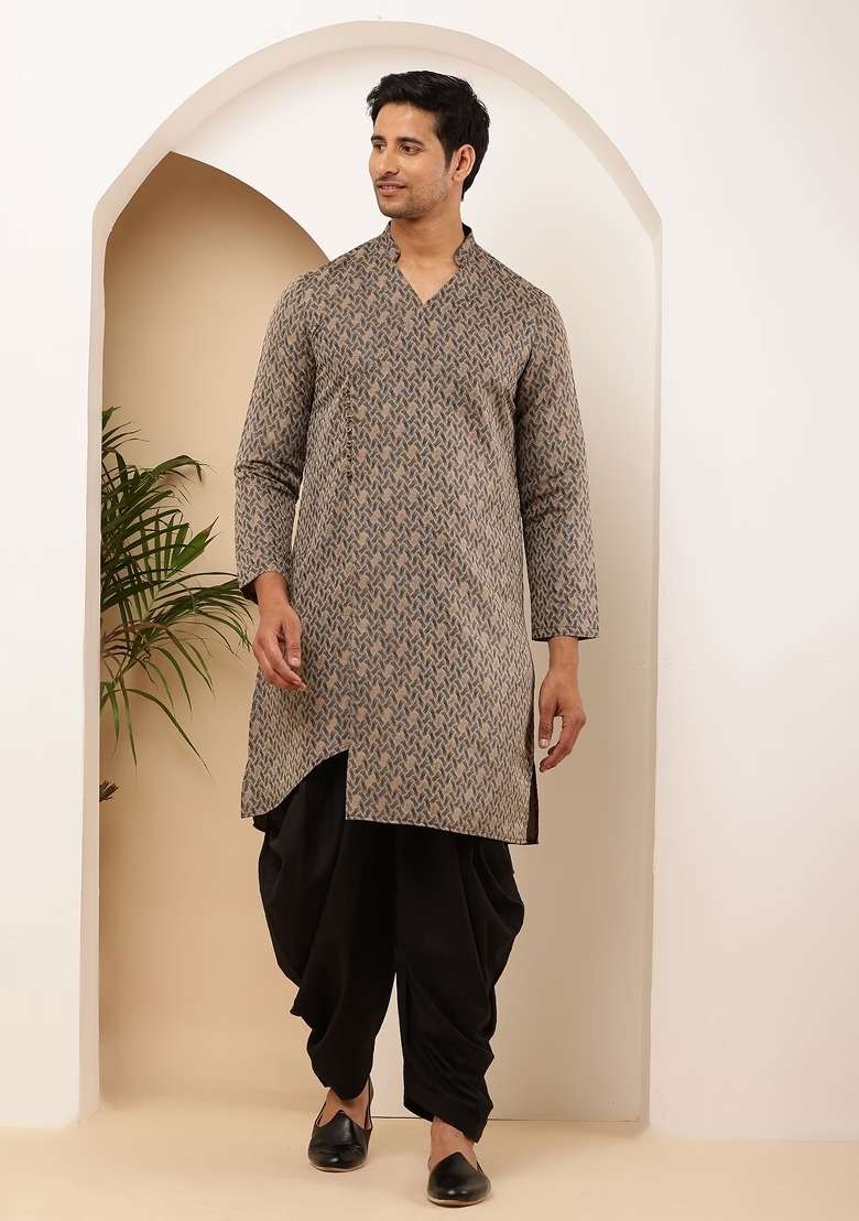 Grey Printed Viscose Kurta Set For Men - Indya