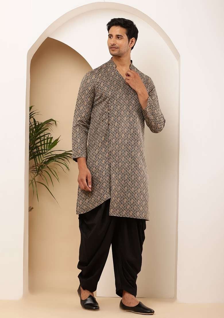 Grey Printed Viscose Kurta Set For Men - Indya