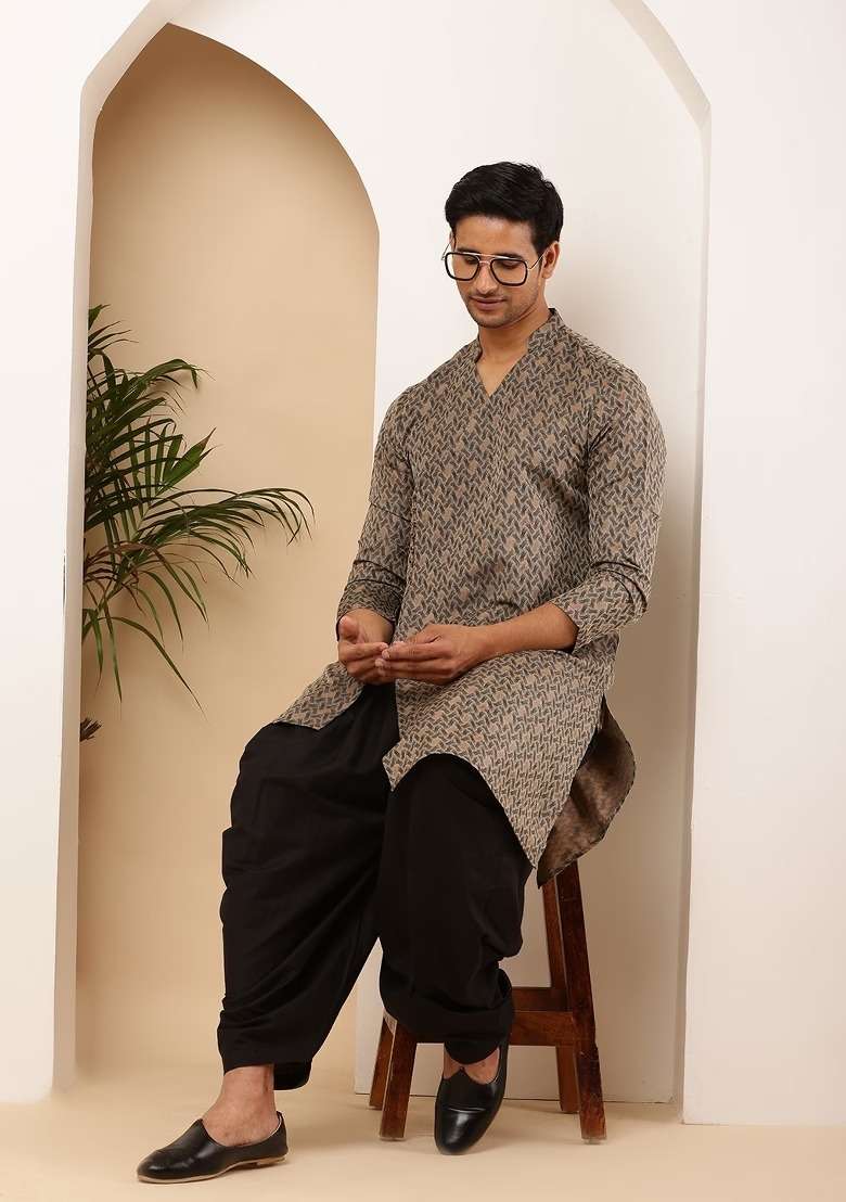 Grey Printed Viscose Kurta Set For Men - Indya