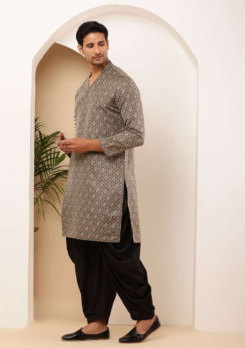 Grey Printed Viscose Kurta Set For Men - Indya