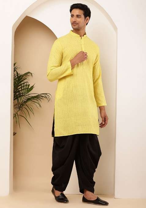 Yellow Textured Viscose Kurta Set For Men