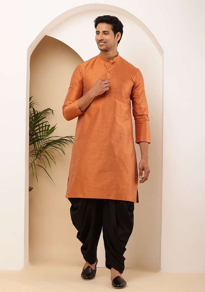 Orange Textured Viscose Kurta Set For Men - Indya