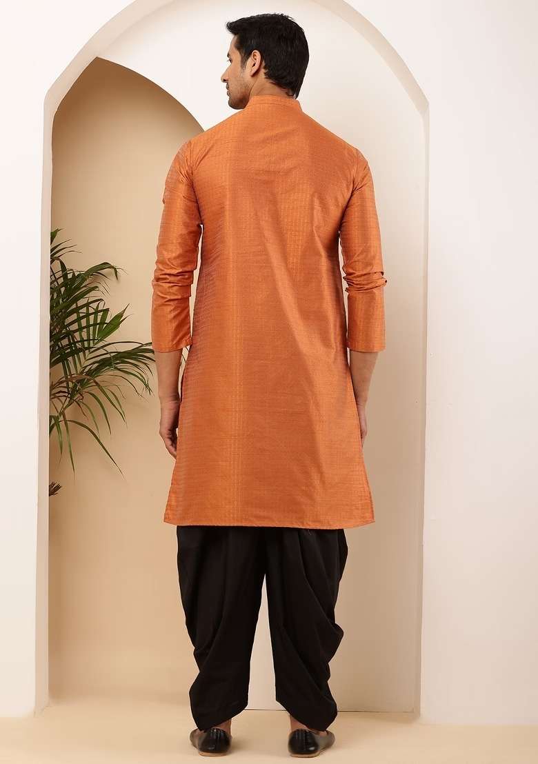 Orange Textured Viscose Kurta Set For Men - Indya
