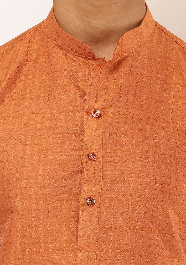 Orange Textured Viscose Kurta Set For Men - Indya