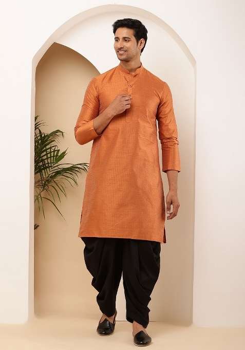 Orange Textured Viscose Kurta Set For Men