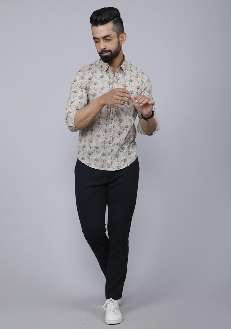 Beige Printed Cotton Shirt For Men