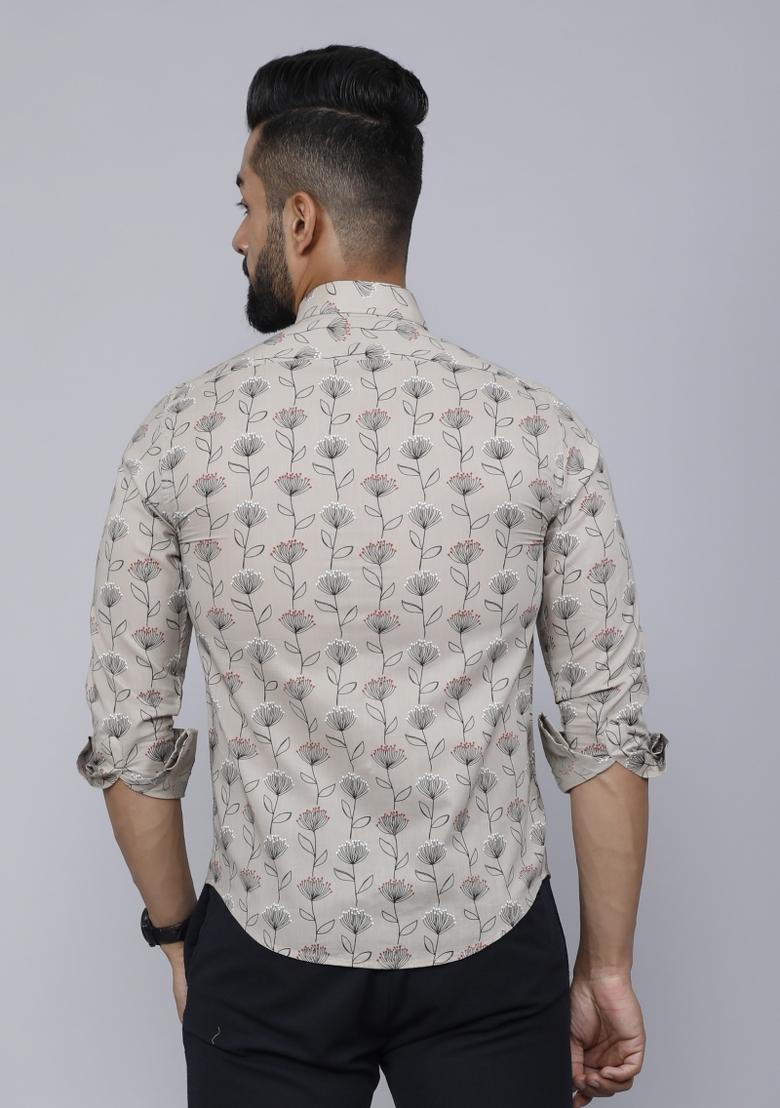 Beige Printed Cotton Shirt For Men