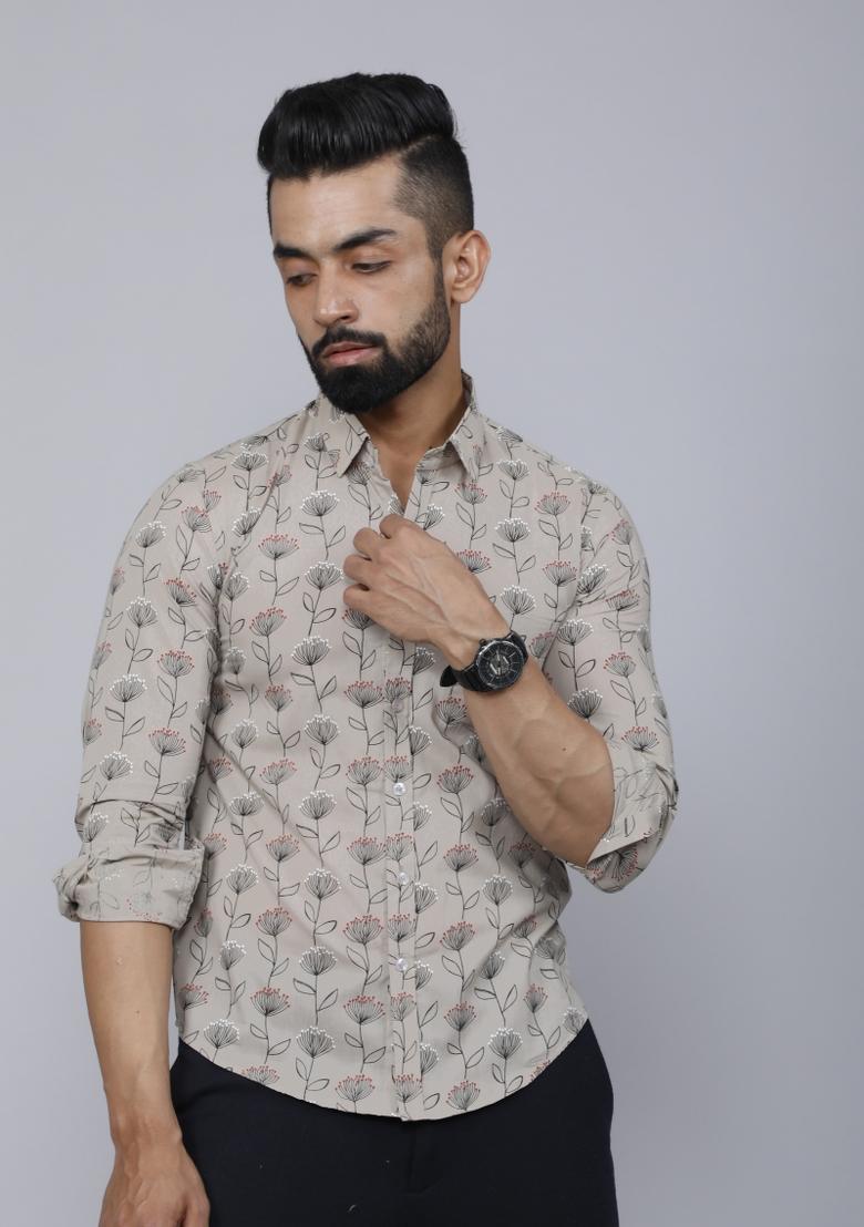 Beige Printed Cotton Shirt For Men