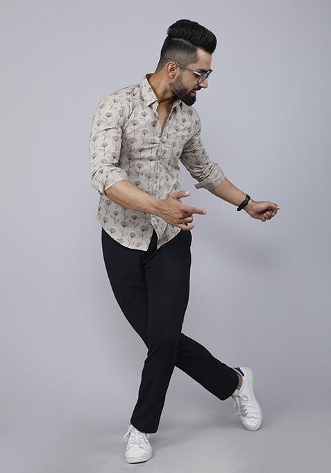 Beige Printed Cotton Shirt For Men