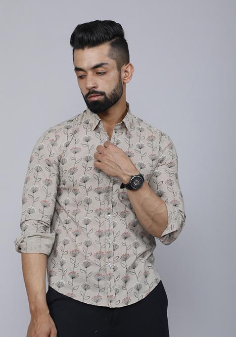 Beige Printed Cotton Shirt For Men