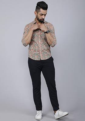 Beige Printed Cotton Shirt For Men
