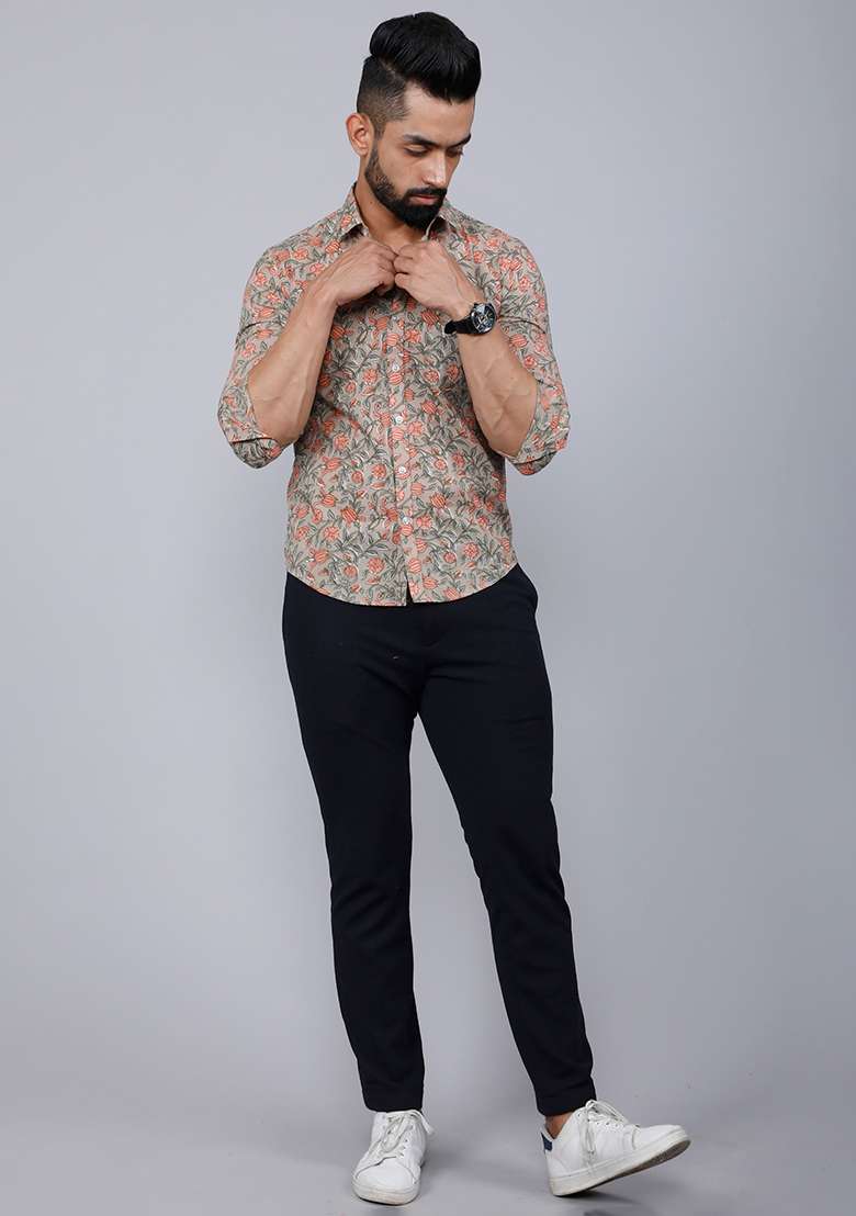 Beige Printed Cotton Shirt For Men - Indya