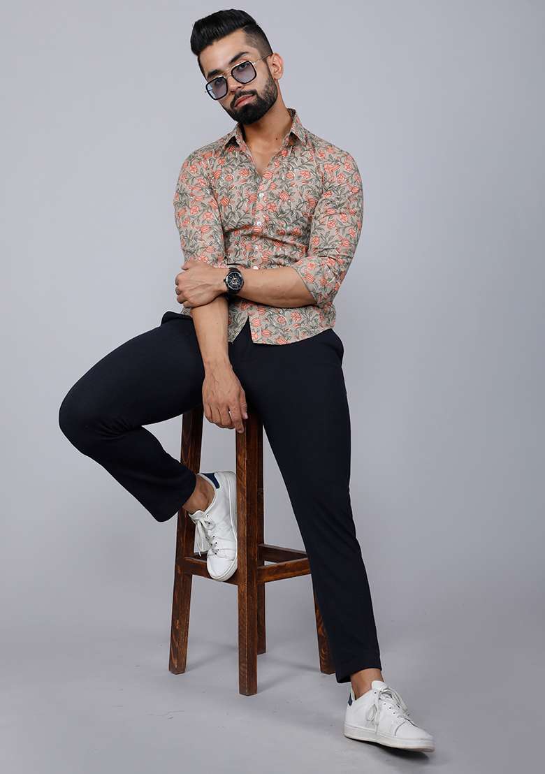 Beige Printed Cotton Shirt For Men - Indya