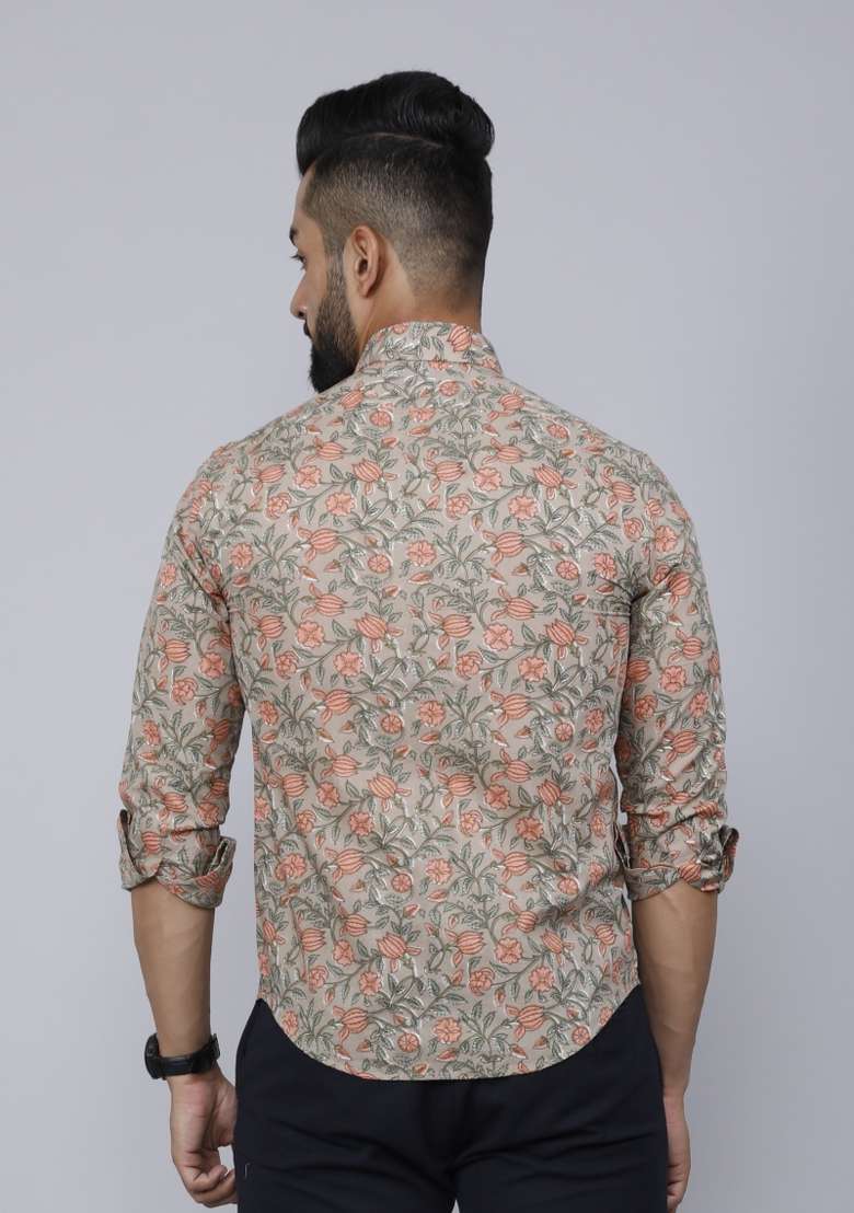 Beige Printed Cotton Shirt For Men - Indya