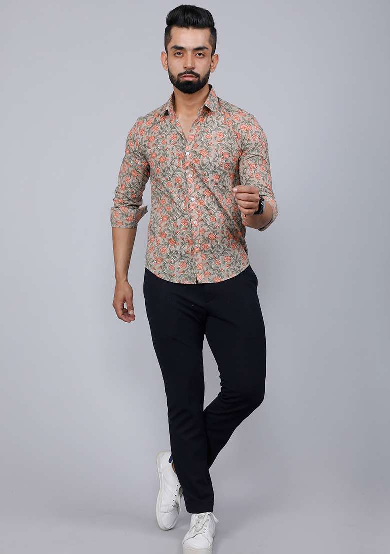 Beige Printed Cotton Shirt For Men - Indya