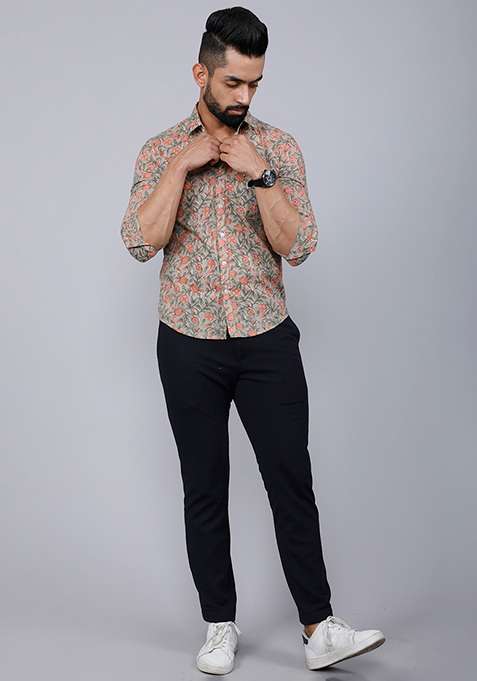 Beige Printed Cotton Shirt For Men