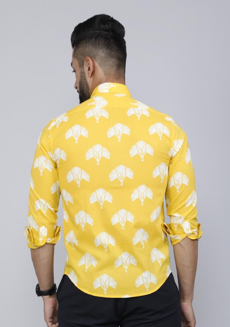Yellow Printed Cotton Shirt For Men