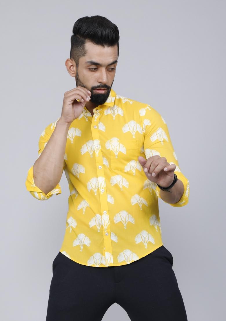 Yellow Printed Cotton Shirt For Men