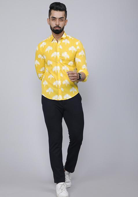 Yellow Printed Cotton Shirt For Men