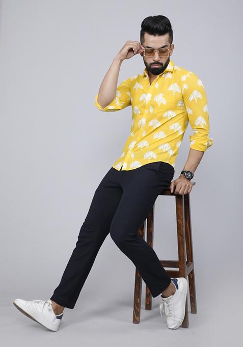Yellow Printed Cotton Shirt For Men