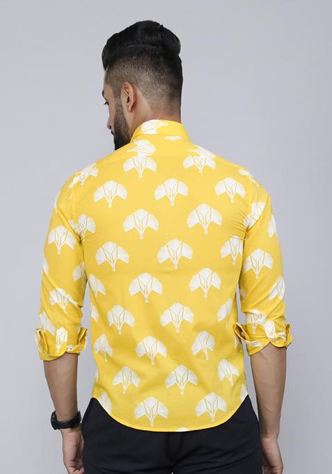 Yellow Printed Cotton Shirt For Men