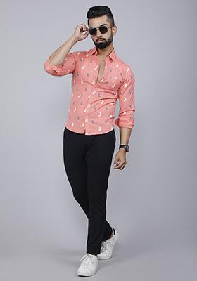 Peach Printed Cotton Shirt For Men