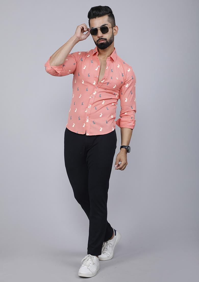 Peach Printed Cotton Shirt For Men