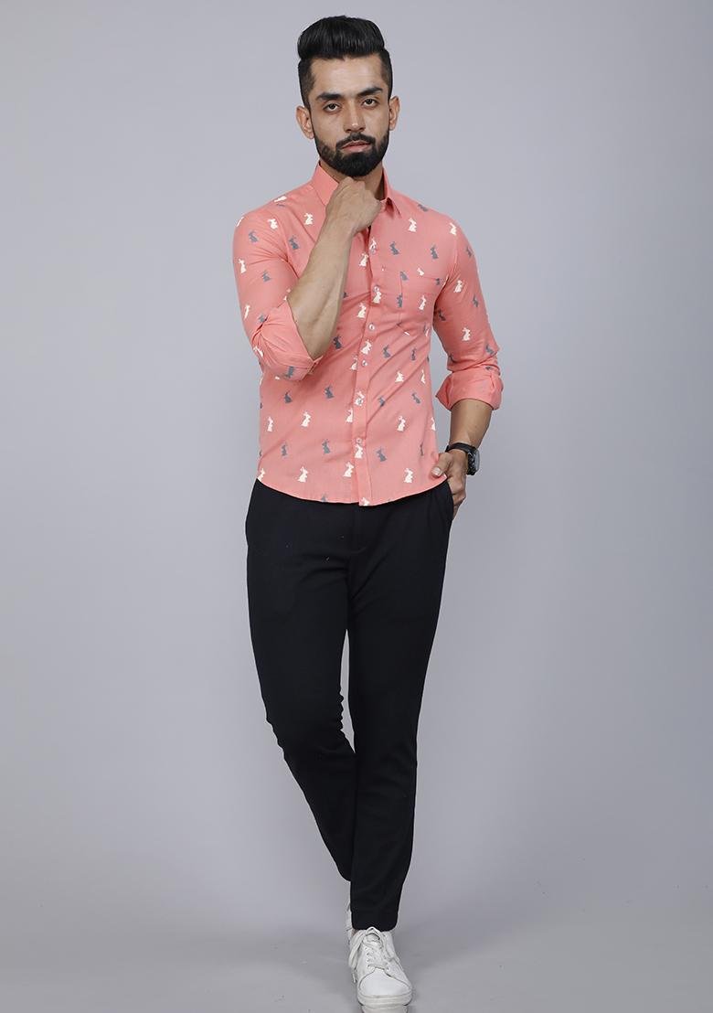Peach Printed Cotton Shirt For Men