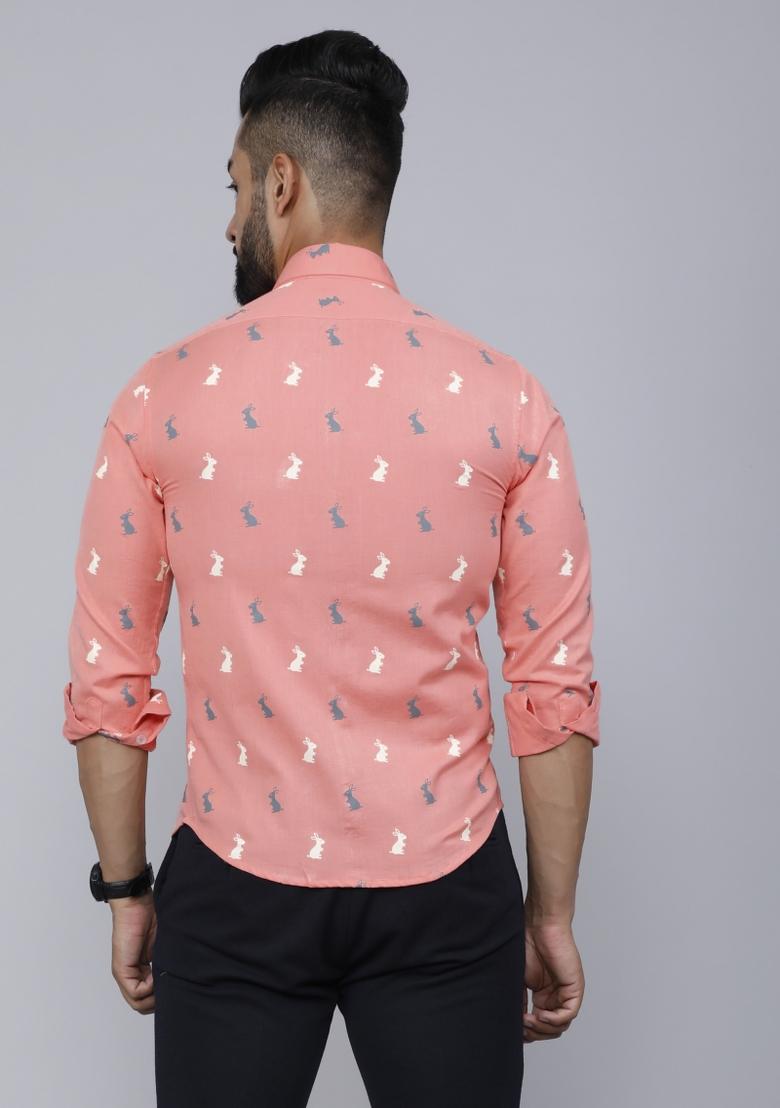Peach Printed Cotton Shirt For Men