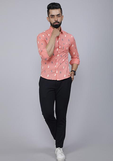 Peach Printed Cotton Shirt For Men