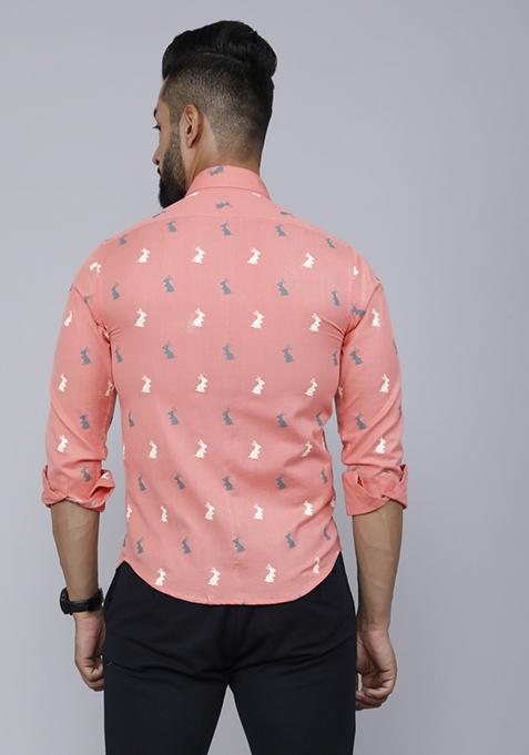 Peach Printed Cotton Shirt For Men