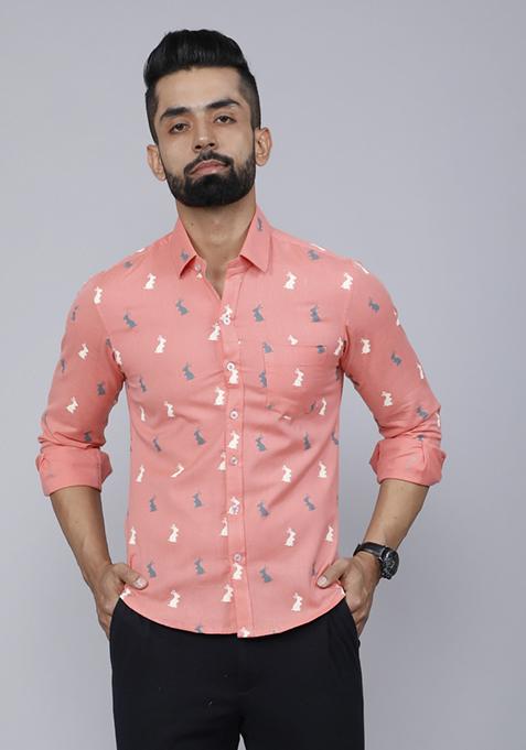 Peach Printed Cotton Shirt For Men